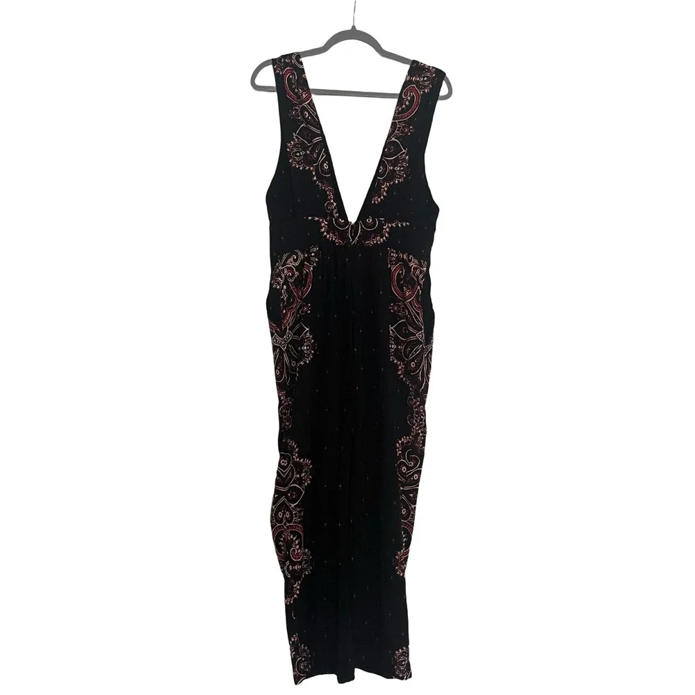 Free People Jumpsuit Womens Small Black Paisley Boho Cotton Gauze Good V-Neck